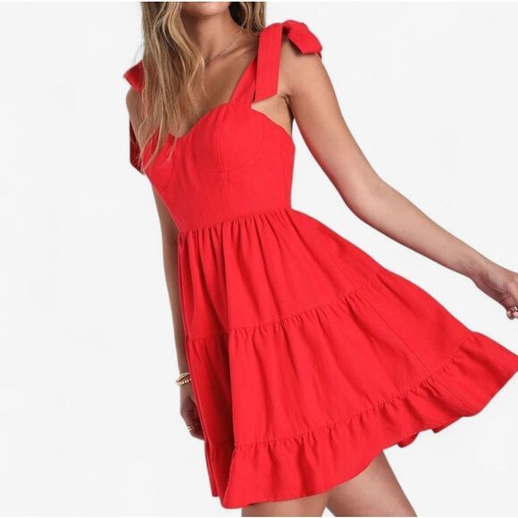Lulu's Tier-ly Delightful Linen Blend Red Tie-Strap Tiered Bustier Mini Dress S - Picture 2 of 12